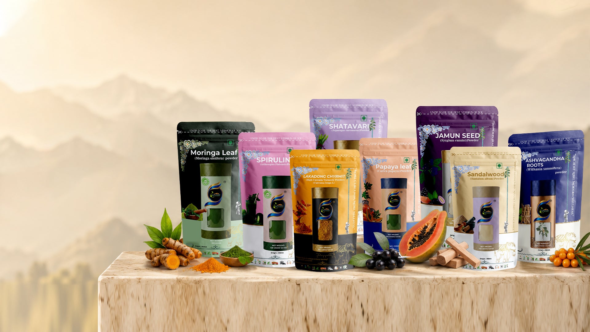 Ruphe19 products against mountain backdrop