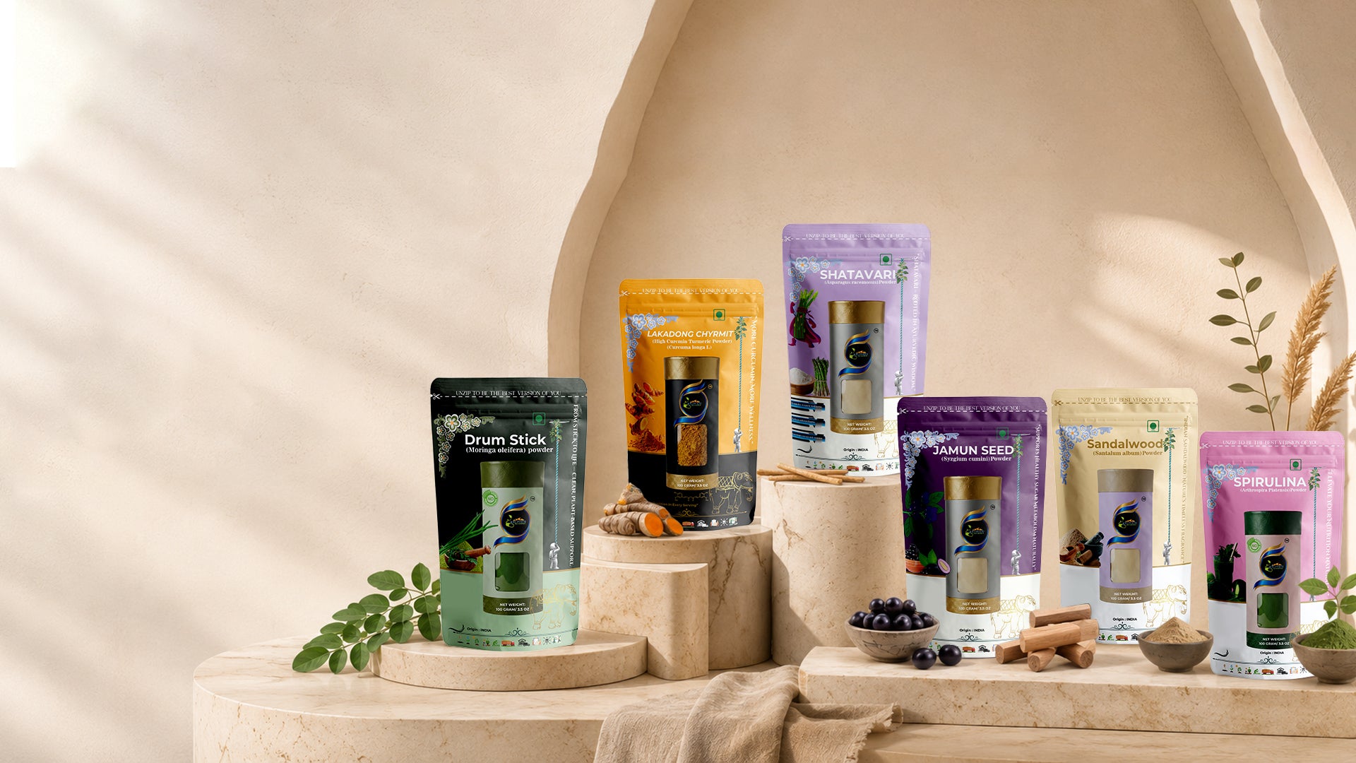 Ruphe19 products on stone pedestals