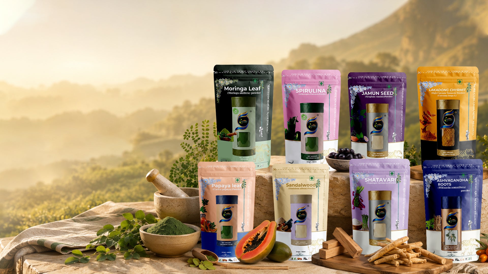 Ruphe19 products on outdoor mountain setting